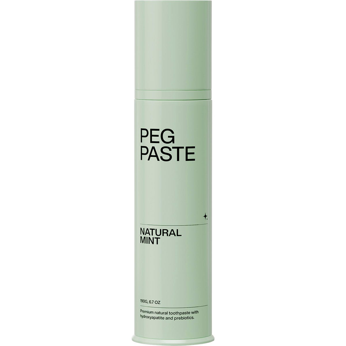 Peg Paste Natural Mint 190g toothpaste in a white pump bottle with a black dispenser on a white background.