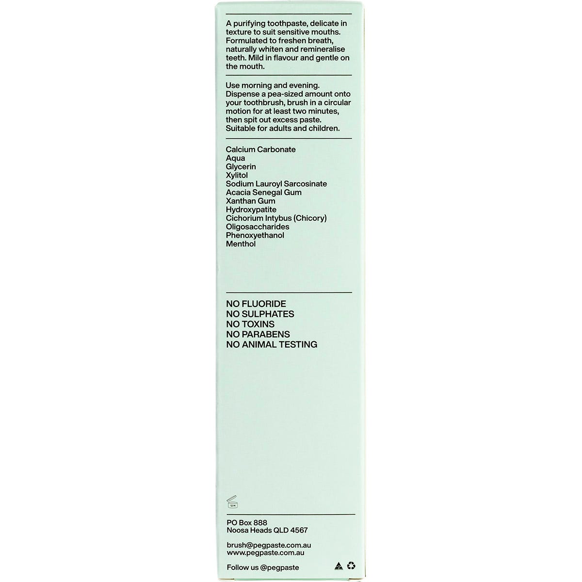 Back of Peg Paste Natural Mint box with ingredients, directions, and product benefits on a white background.