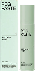 Peg Paste Natural Mint 190g toothpaste pump bottle and its branded cardboard packaging on a white background.