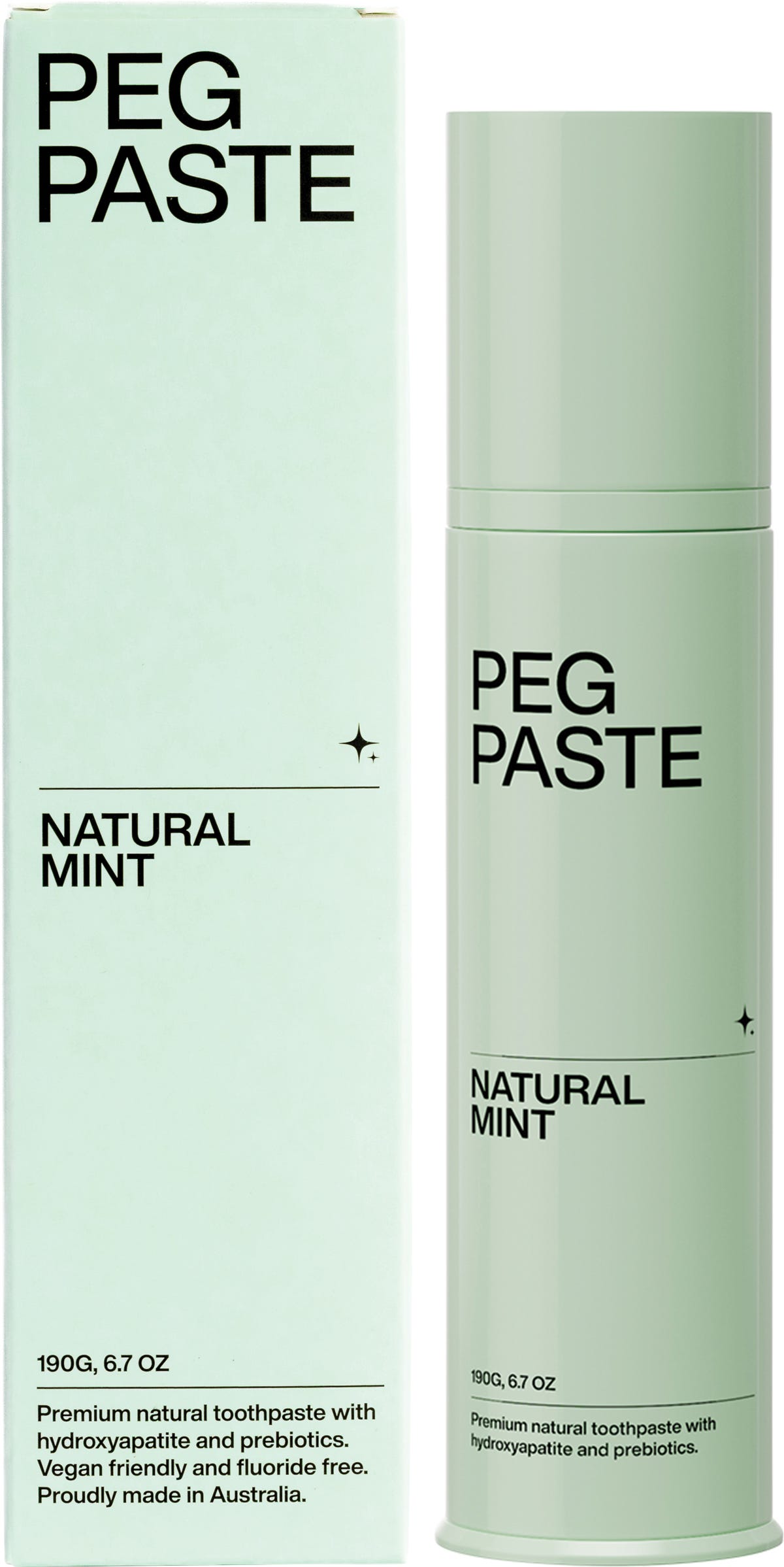Peg Paste Natural Mint 190g toothpaste pump bottle and its branded cardboard packaging on a white background.