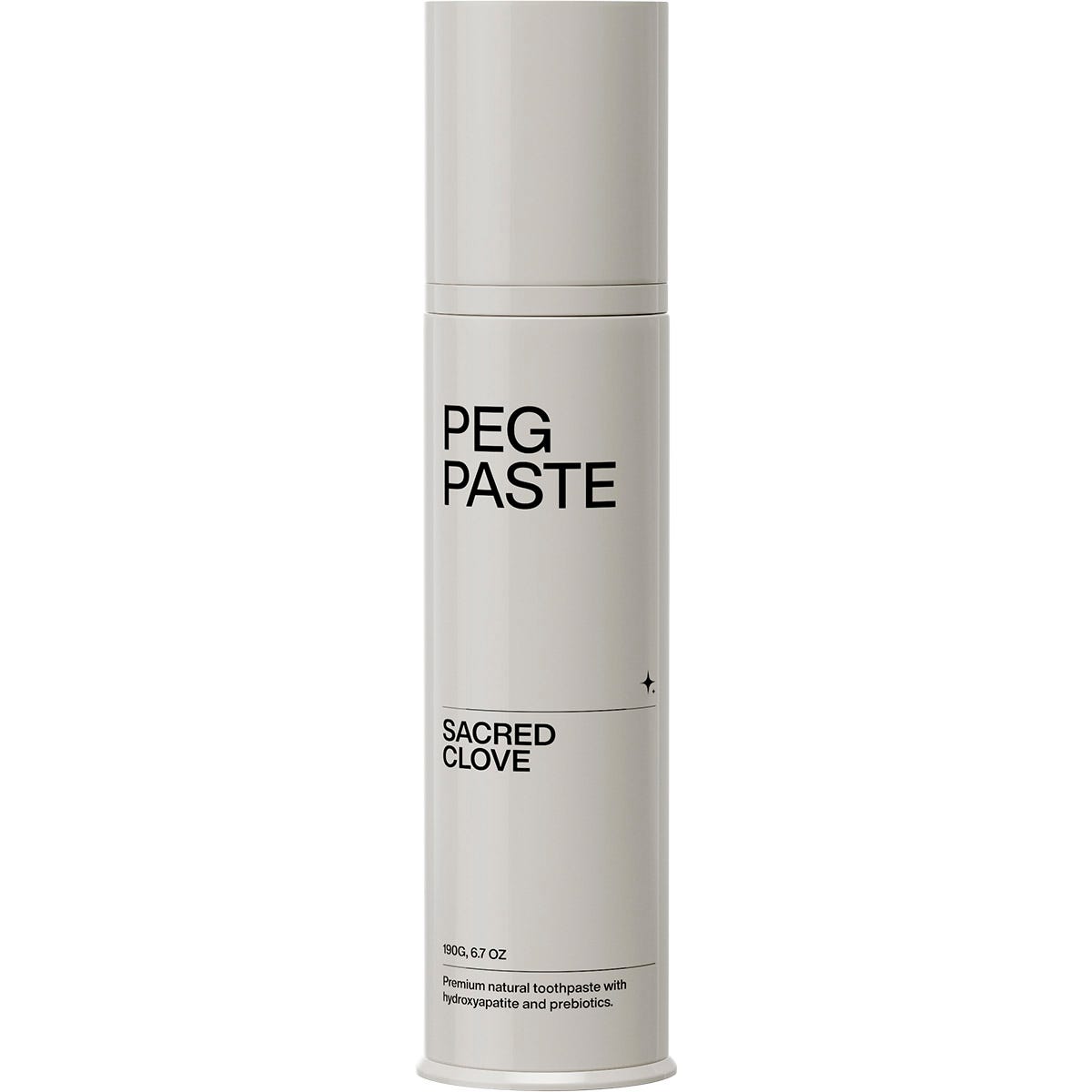 Peg Paste Sacred Clove 190g natural toothpaste in a white pump bottle with a black dispenser on a white background.