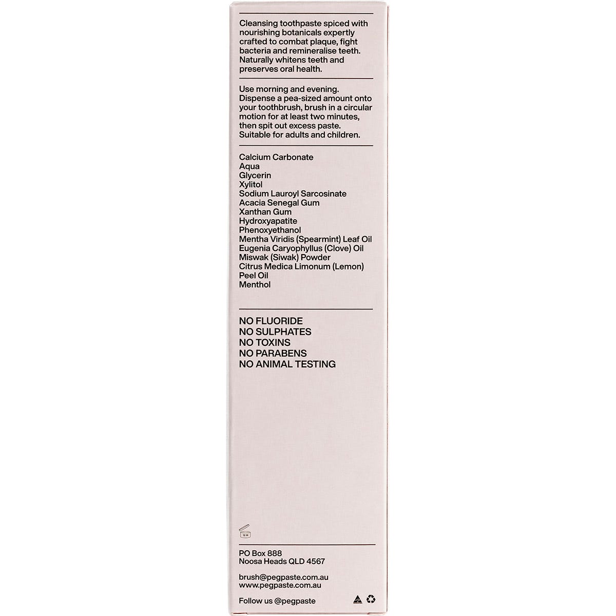 Back of Peg Paste Sacred Clove toothpaste box showing directions, ingredients, and Australian-made logo.