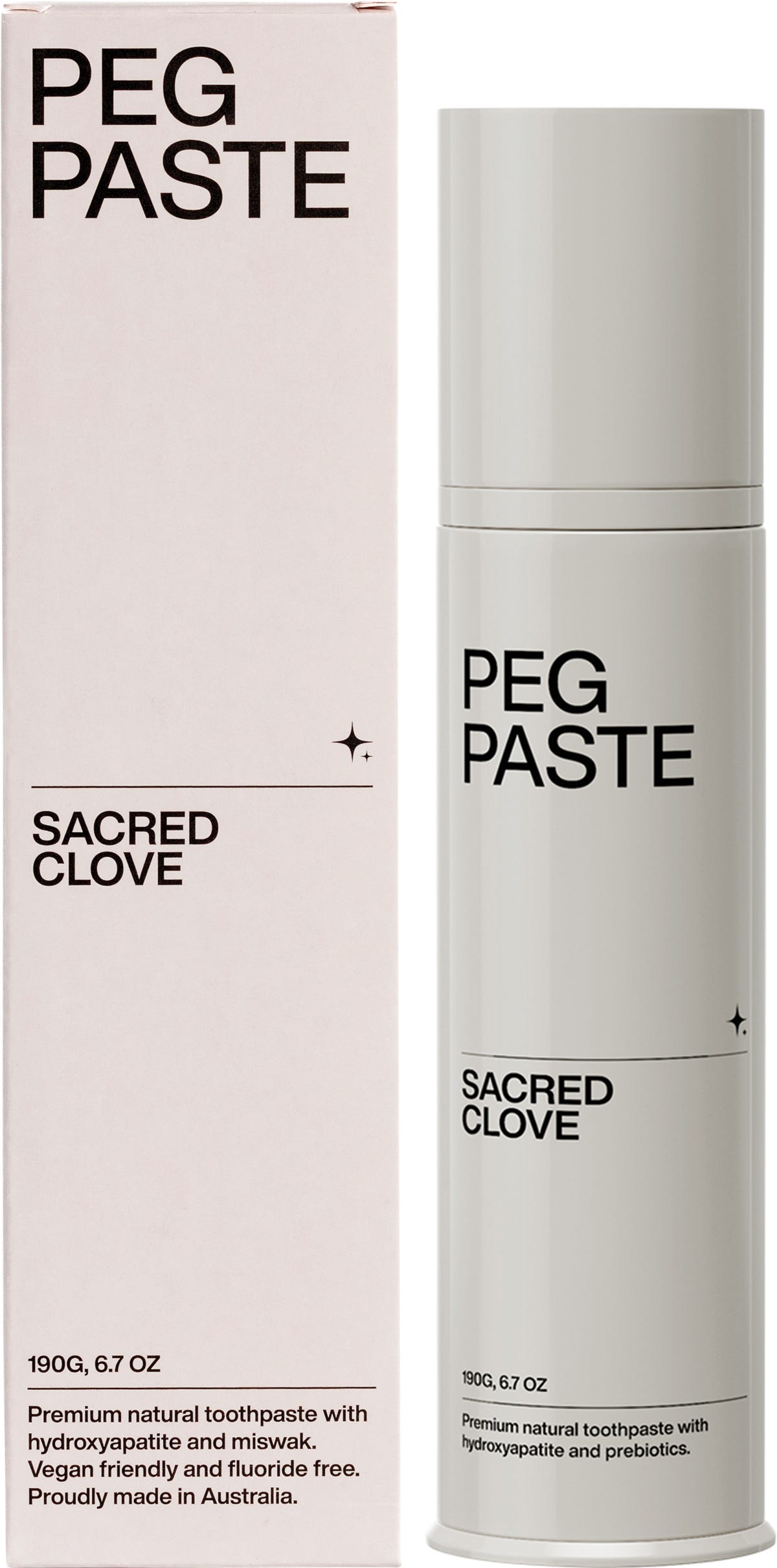 Peg Paste Sacred Clove 190g natural toothpaste pump bottle and box featuring hydroxyapatite and organic miswak.