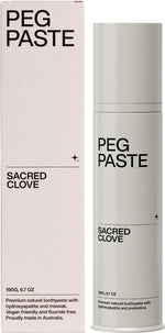Peg Paste Sacred Clove 190g natural toothpaste pump bottle and box featuring hydroxyapatite and organic miswak.