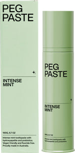 Peg Paste Intense Mint 190g natural toothpaste pump bottle and matching box with hydroxyapatite and prebiotics.