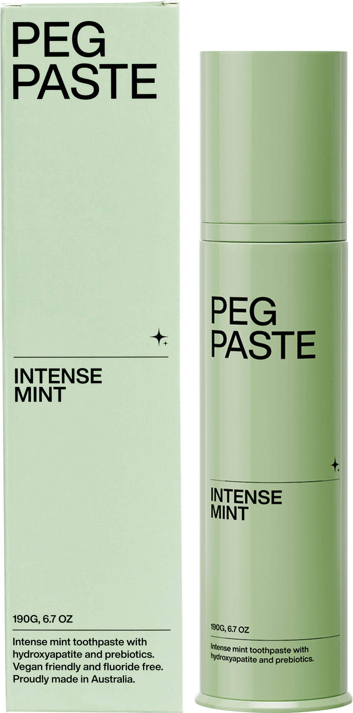 Peg Paste Intense Mint 190g natural toothpaste pump bottle and matching box with hydroxyapatite and prebiotics.