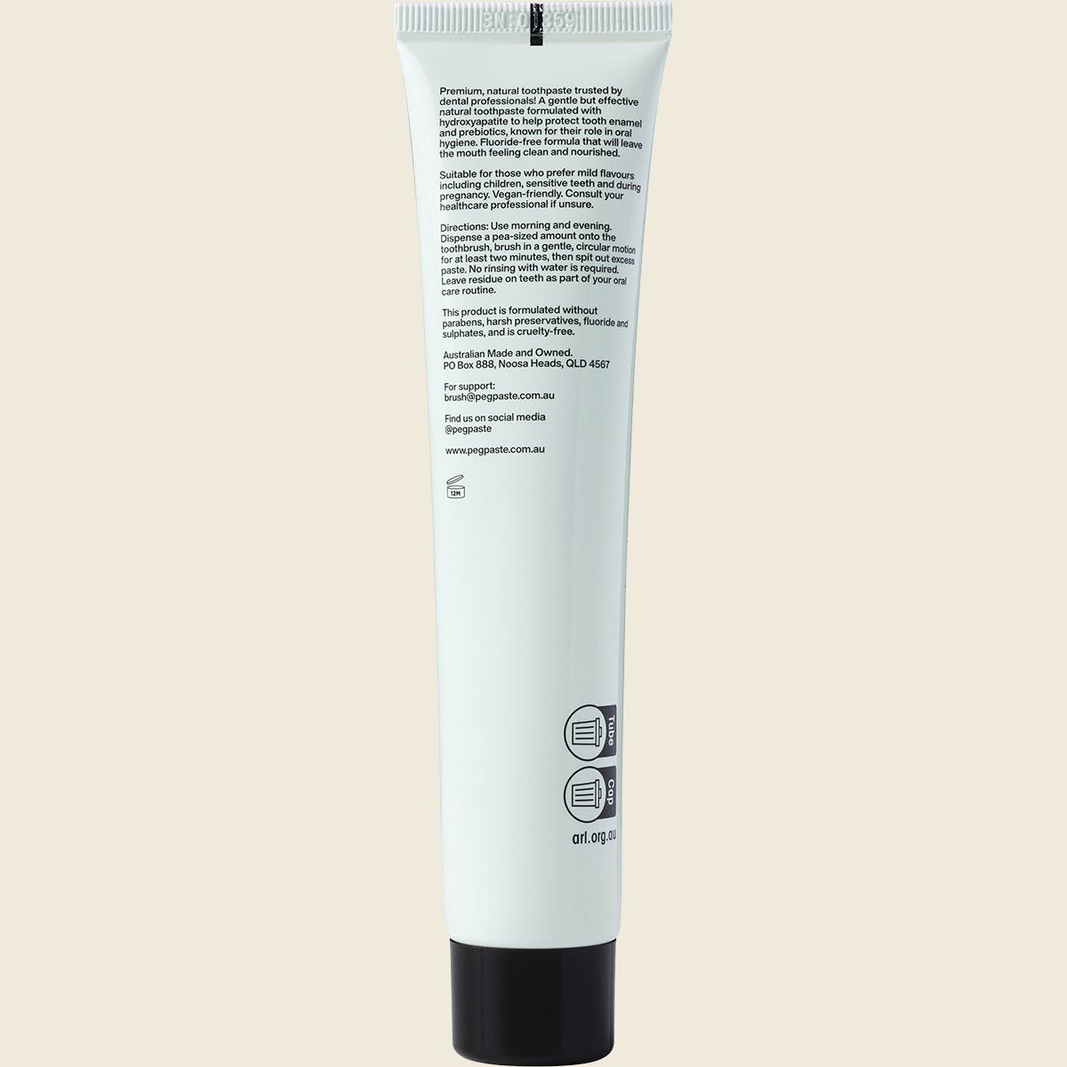 Back of Peg Paste Natural Mint 100g tube with ingredients, directions, and Australian made logo.