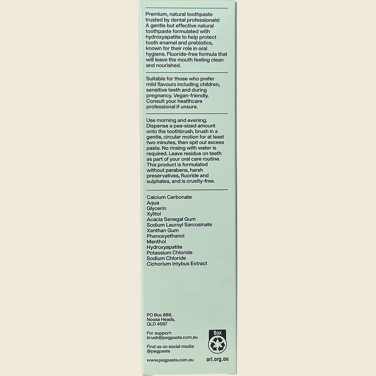 Back of Peg Paste Natural Mint box showing ingredients, directions, and a certified natural logo.