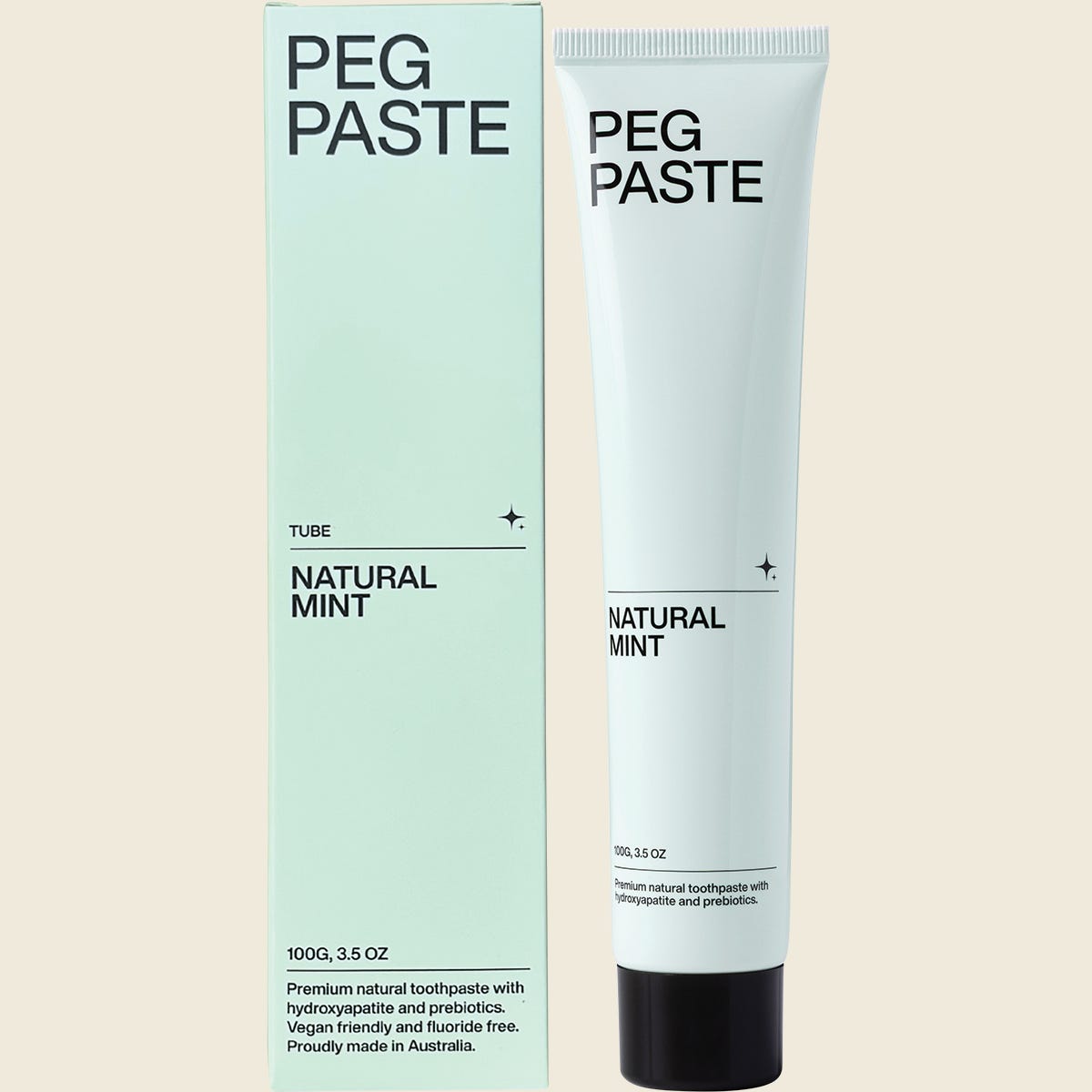 Peg Paste 100g Natural Mint toothpaste tube and box featuring hydroxyapatite and a clean, white design.