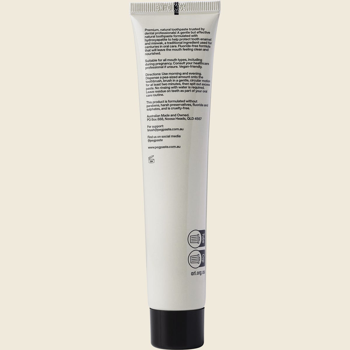 Back of Peg Paste Sacred Clove 100g tube with directions, ingredients, and Australian-made logo.