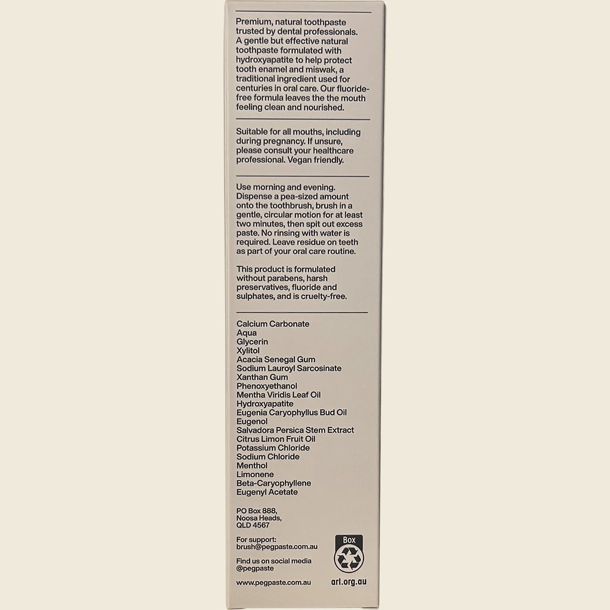 Back of Peg Paste Sacred Clove box showing product benefits, ingredients, and Australian-made logo on a white background.