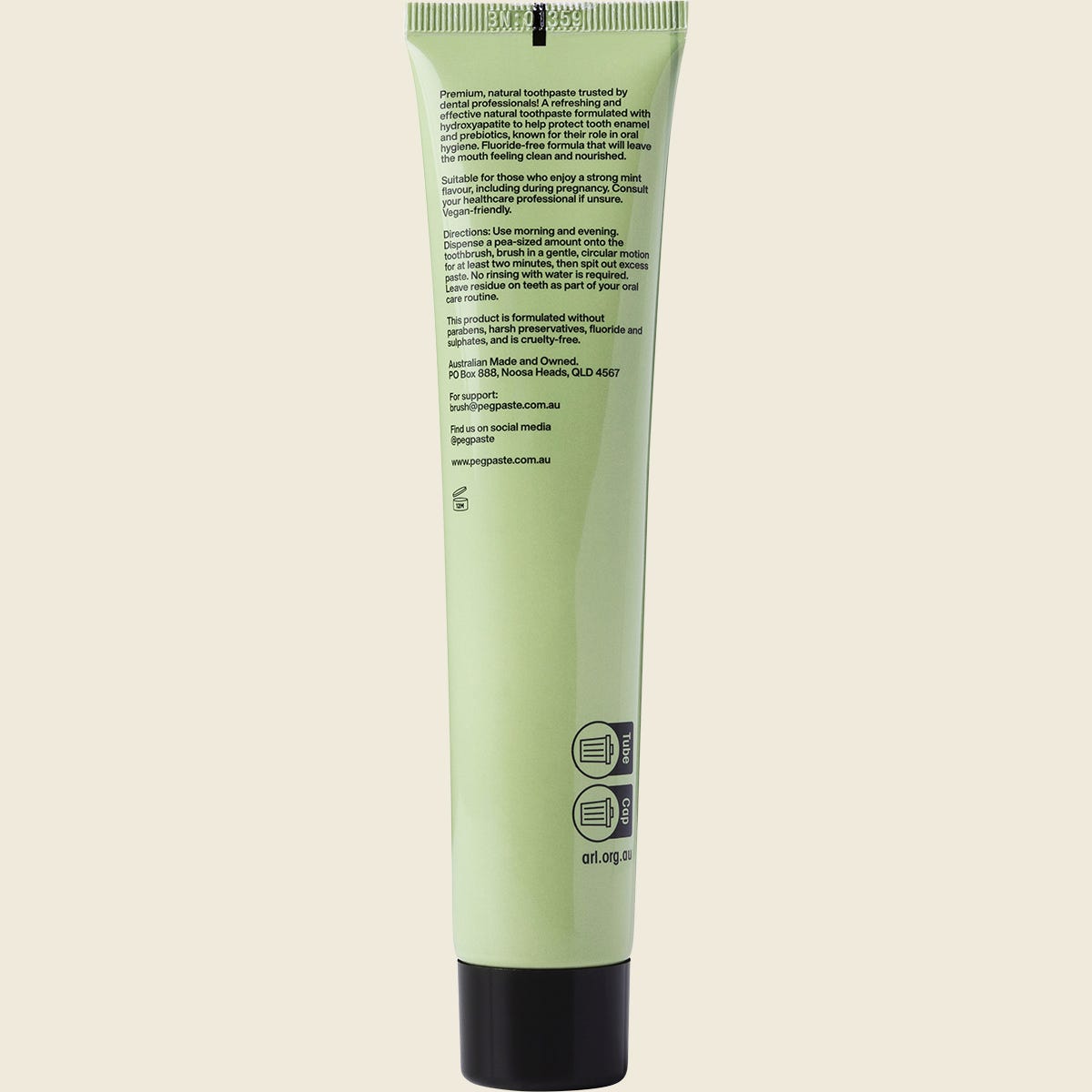 Back of Peg Paste Intense Mint 100g tube with ingredients, directions, and Australian Made logo on a white background.