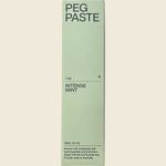 Front of Peg Paste Intense Mint 100g toothpaste box with green and white text on a white background.