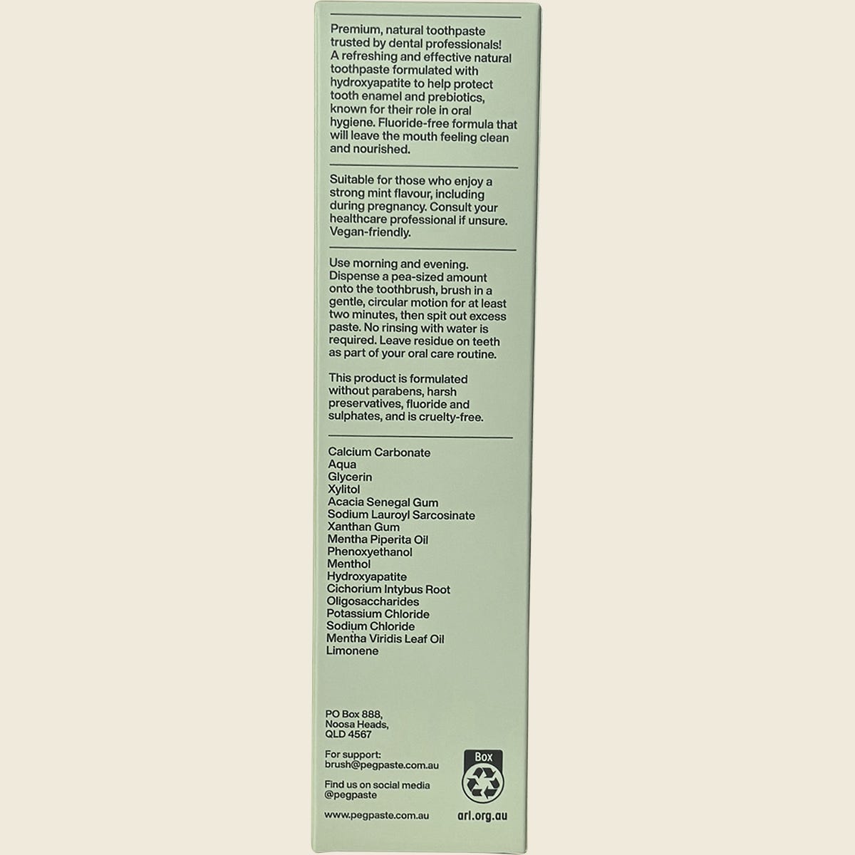 Back of Peg Paste Intense Mint 100g box with ingredients, directions, and product benefits on a white background.