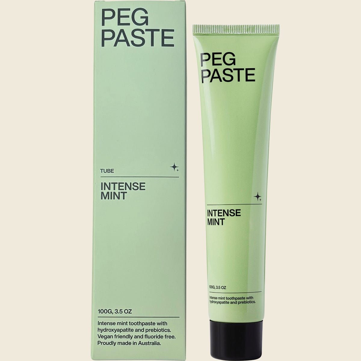Peg Paste Intense Mint 100g natural toothpaste tube and box with hydroxyapatite on a white background.
