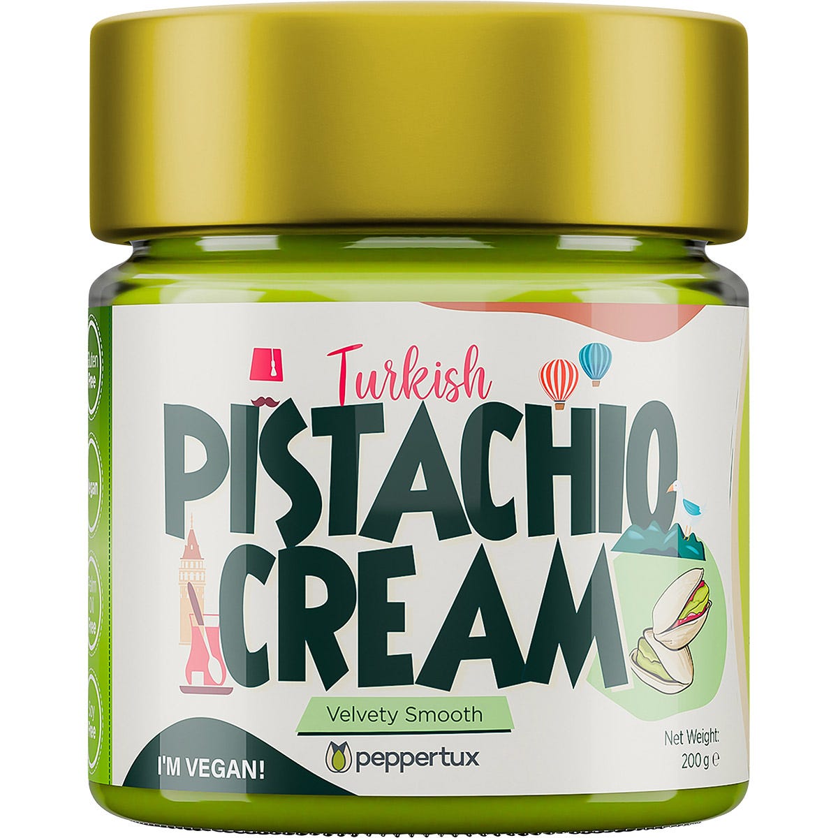 Peppertux Turkish Pistachio Cream 200g jar with a gold lid and green label featuring whole pistachios.