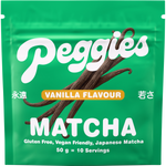 Peggies Matcha Vanilla 50g sachet with a green and white label on a white background.