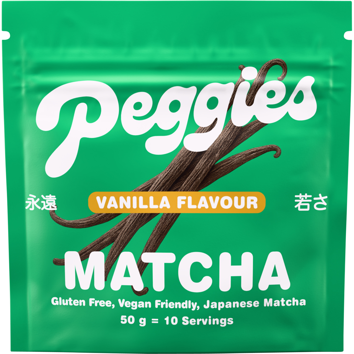Peggies Matcha Vanilla 50g sachet with a green and white label on a white background.