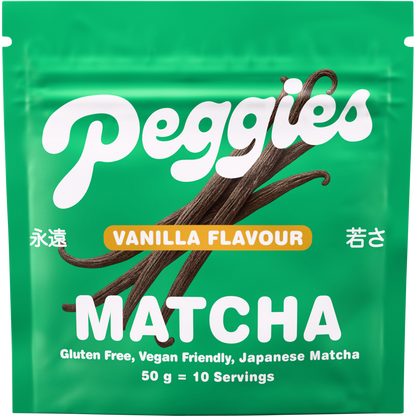 Peggies Matcha Vanilla 50g sachet with a green and white label on a white background.
