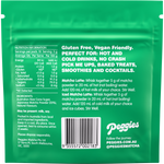 The back of a Peggies Matcha Vanilla 50g sachet with nutritional information and green and white branding.