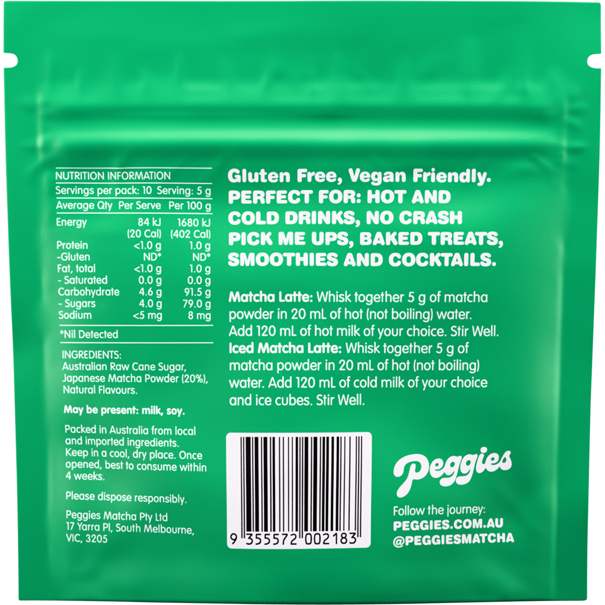 The back of a Peggies Matcha Vanilla 50g sachet with nutritional information and green and white branding.