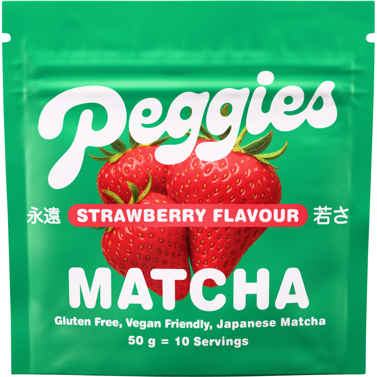 Peggies Matcha Strawberry 50g sachet featuring a vibrant green matcha and strawberry design on a white background.