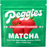 Peggies Matcha Strawberry 50g sachet featuring a vibrant green matcha and strawberry design on a white background.