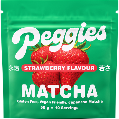Peggies Matcha Strawberry 50g sachet featuring a vibrant green matcha and strawberry design on a white background.