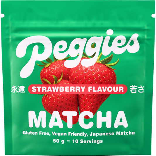 Peggies Matcha Strawberry 50g sachet featuring a vibrant green matcha and strawberry design on a white background.