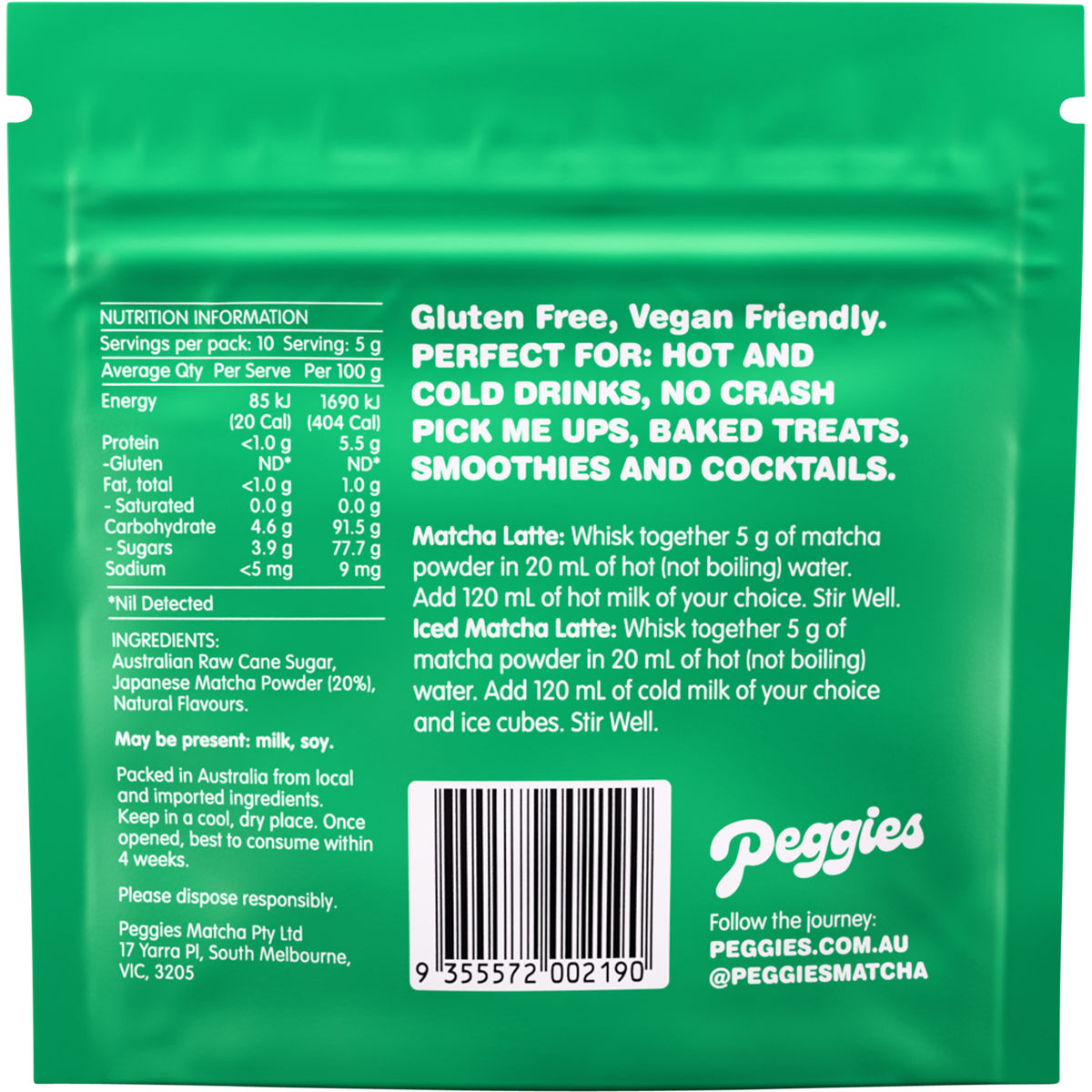 Back of Peggies Matcha Strawberry 50g sachet with nutritional info and directions on a white background.