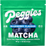 50g pouch of Peggies Matcha Blueberry powder featuring a vibrant purple and green label with blueberry illustrations.