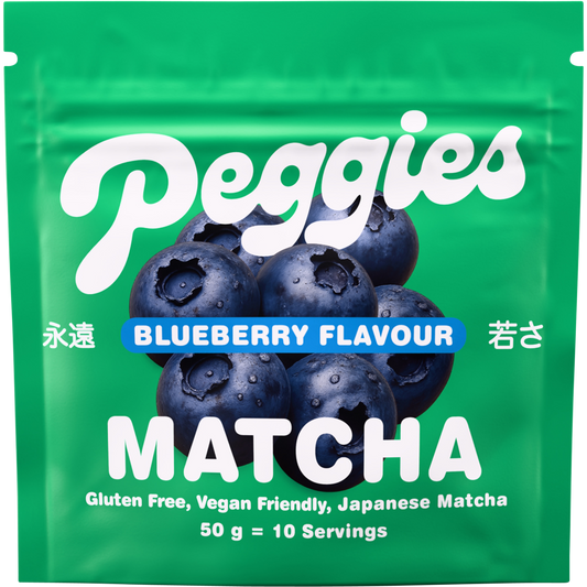 50g pouch of Peggies Matcha Blueberry powder featuring a vibrant purple and green label with blueberry illustrations.