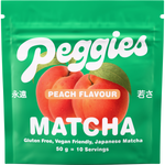Peggies Matcha Peach 50g resealable pouch featuring a green and peach label with botanical illustrations.