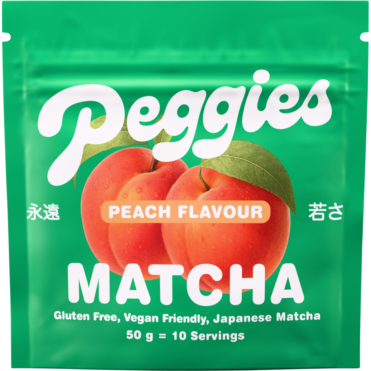 Peggies Matcha Peach 50g resealable pouch featuring a green and peach label with botanical illustrations.