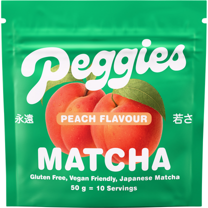 Peggies Matcha Peach 50g resealable pouch featuring a green and peach label with botanical illustrations.