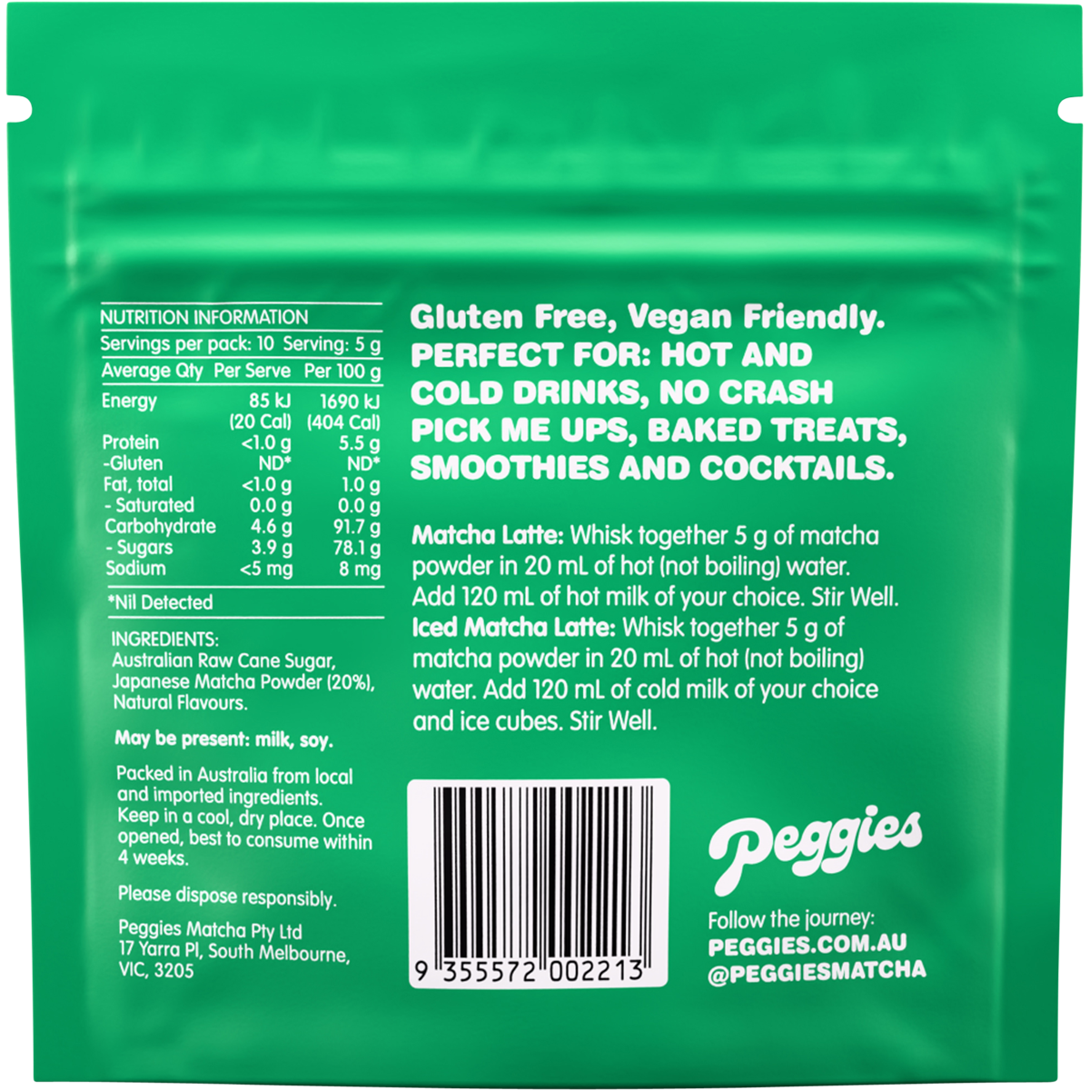 Back of a 50g Peggies Matcha Peach pouch showing ingredients, nutrition facts, and brewing instructions.