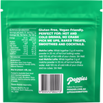 Back of a 50g Peggies Matcha Peach pouch showing ingredients, nutrition facts, and brewing instructions.