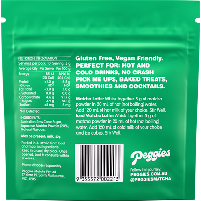 Back of a 50g Peggies Matcha Peach pouch showing ingredients, nutrition facts, and brewing instructions.
