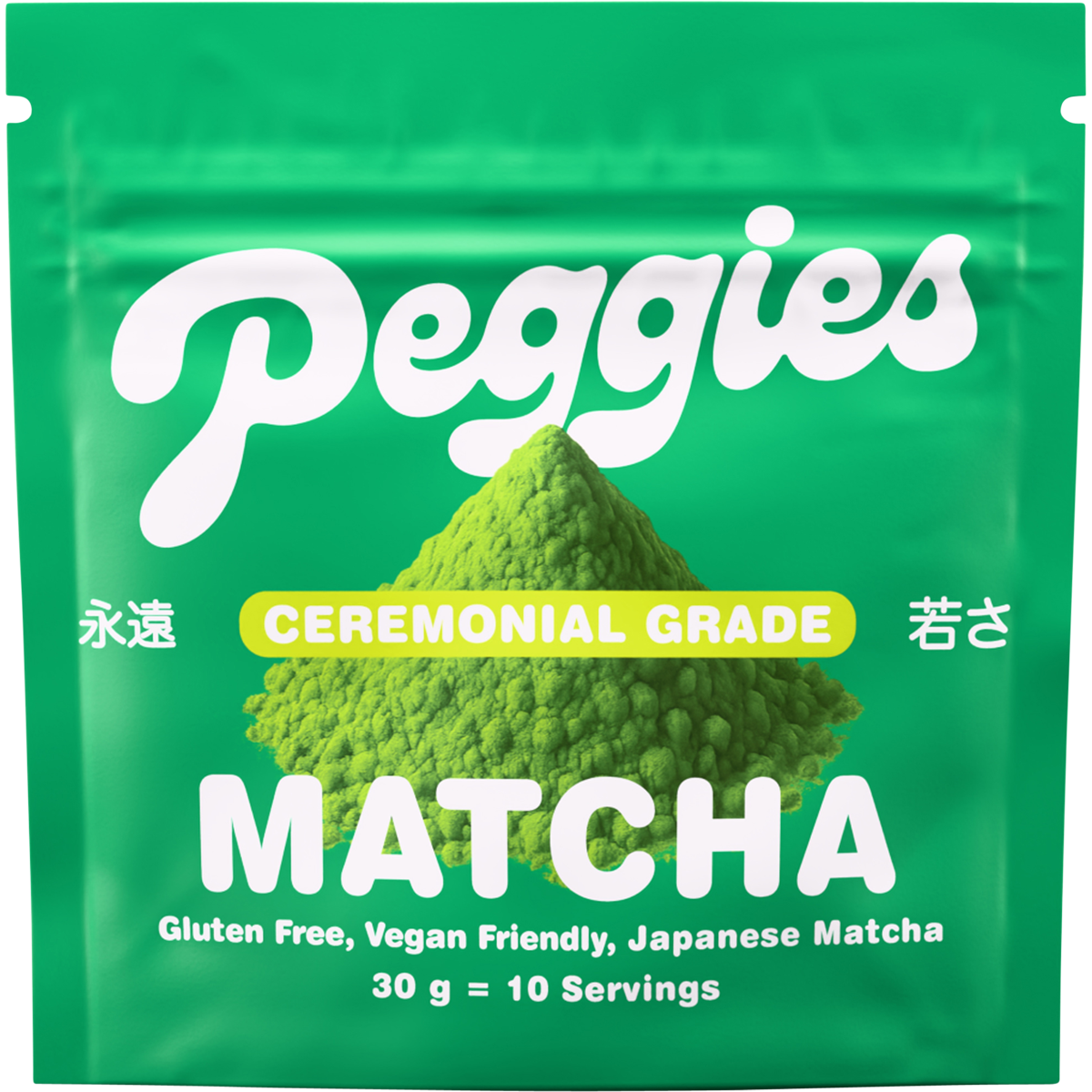 30g tin of Peggies Ceremonial Grade Matcha featuring a green label with a whisk illustration and Japanese text.