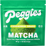 30g tin of Peggies Ceremonial Grade Matcha featuring a green label with a whisk illustration and Japanese text.