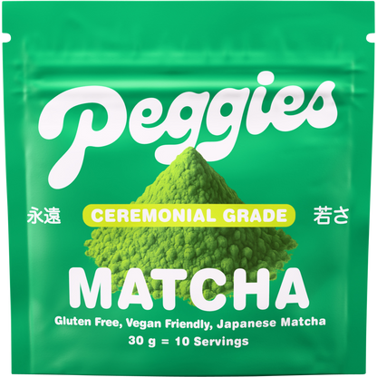 30g tin of Peggies Ceremonial Grade Matcha featuring a green label with a whisk illustration and Japanese text.