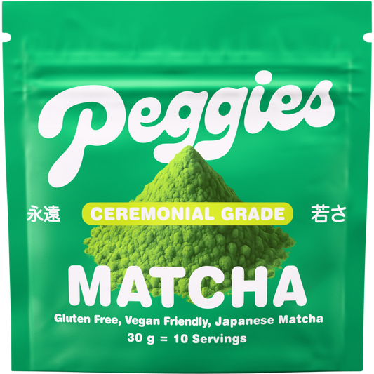 30g tin of Peggies Ceremonial Grade Matcha featuring a green label with a whisk illustration and Japanese text.