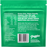Back of a 30g Peggies Matcha tin with a green label showing ingredients, barcode, and preparation instructions.
