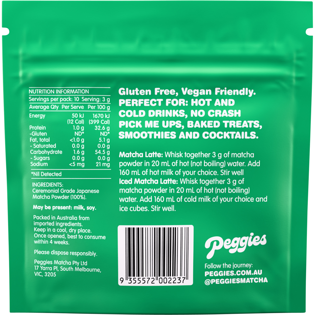 Back of a 30g Peggies Matcha tin with a green label showing ingredients, barcode, and preparation instructions.