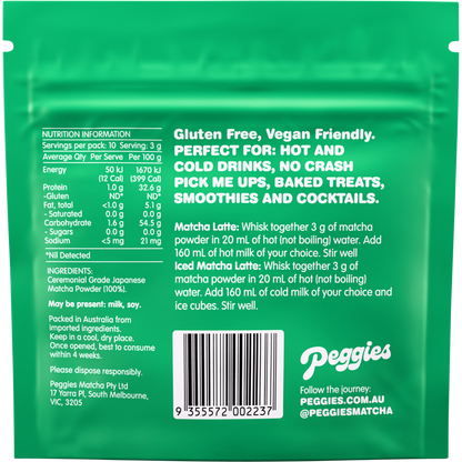 Back of a 30g Peggies Matcha tin with a green label showing ingredients, barcode, and preparation instructions.