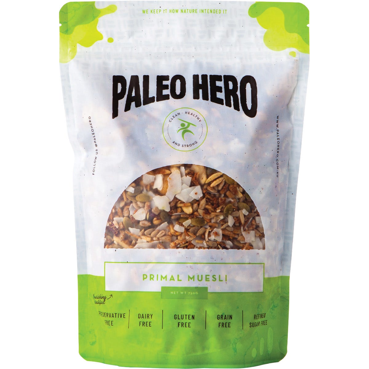 750g bag of Paleo Hero Primal Muesli featuring a blend of nuts and seeds on a white background.