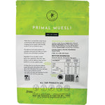 Back of a 750g bag of Paleo Hero Primal Muesli showing nutritional information and a 100% real food logo.