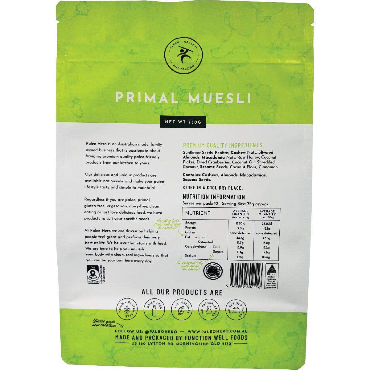 Back of a 750g bag of Paleo Hero Primal Muesli showing nutritional information and a 100% real food logo.