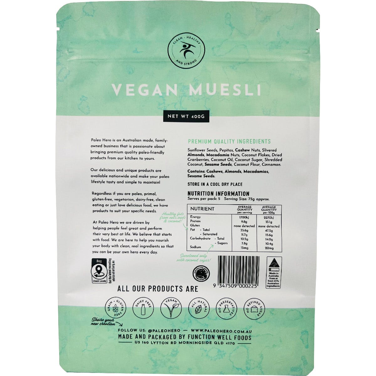 Back of Paleo Hero Vegan Muesli 400g bag showing nutritional information and ingredients on a white background.