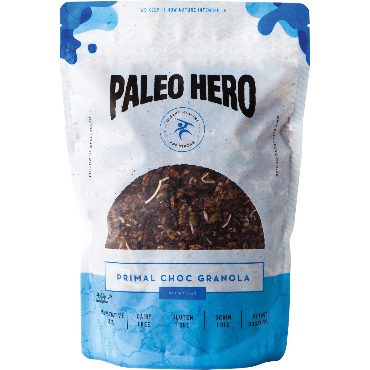 750g bag of Paleo Hero Primal Choc Granola featuring a rich chocolate blend of nuts, seeds, and single origin cacao.